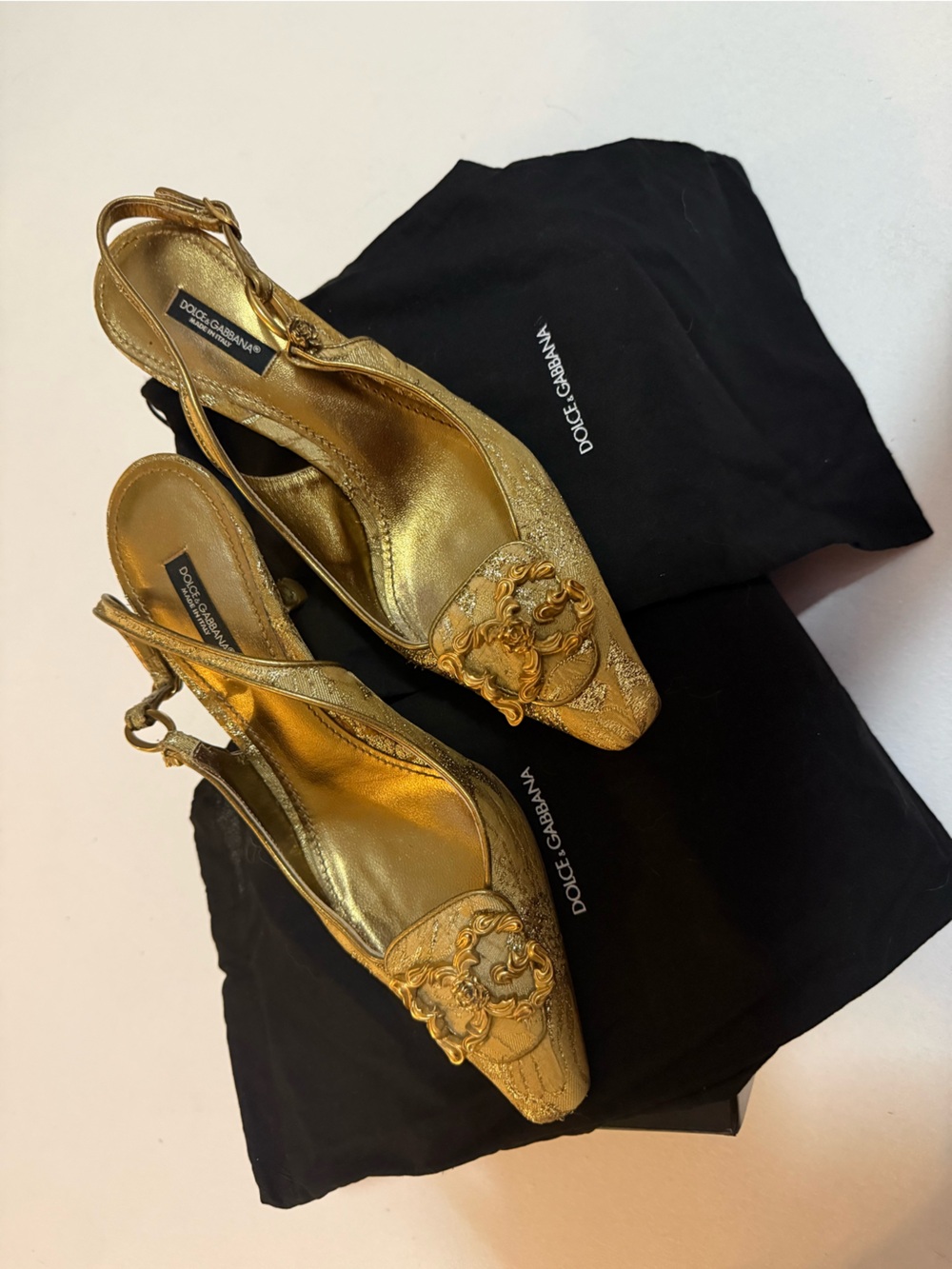 Dolce & Gabbana Metallic Gold Embellished Slingback Mules